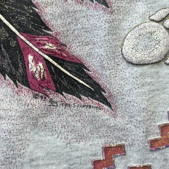 Vtg 90s Native American Feather Dreamcatcher Bear Paw Puffy Paint Glitter Shirt - Picture 7 of 11